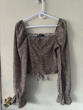 Unlisted Beige and Black Dotted Smocked Long Sleeve Crop Blouse